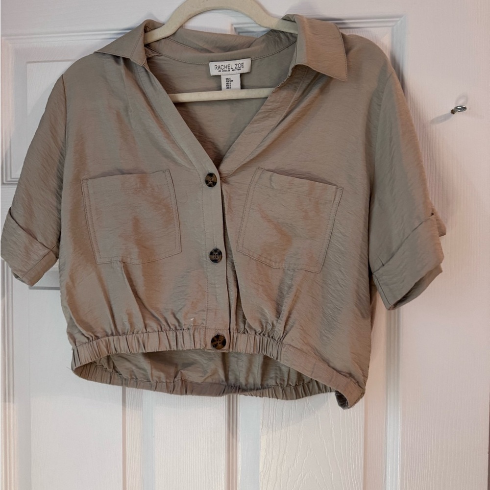 Rachel Zoe Tan/ Green Cropped Button-Up Shirt - Picture 2 of 4